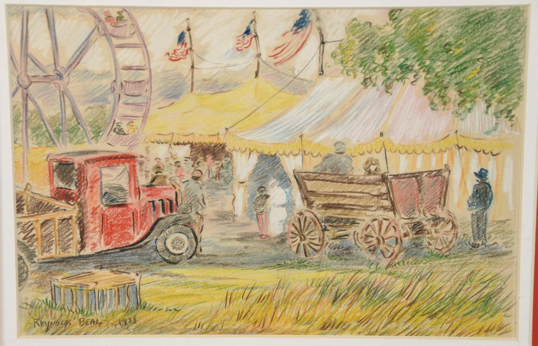 Reynolds Beal (1866-1951), crayon on paper, Circus with: Reynolds Beal (1866-1951), crayon on paper, Circus with ferris wheel 1928, signed lower left Reynolds Beal, 6 1/4" x 9 1/4".