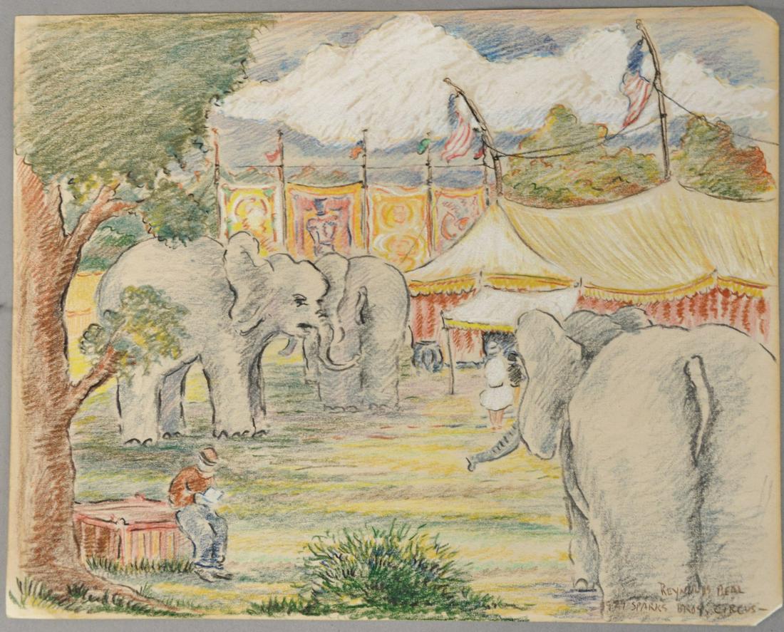 Reynolds Beal (1866-1951), crayon on paper, Sparks Bros: Reynolds Beal (1866-1951), crayon on paper, Sparks Bros Circus 1929, signed lower right Reynolds Beal, 8" x 10".
