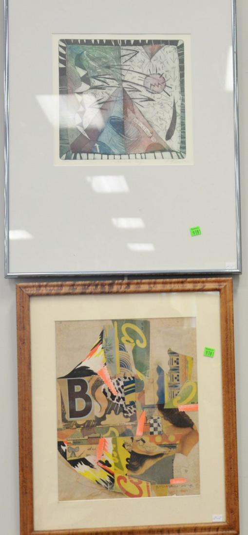 Four framed modern art pieces including Bruce Helander: Four framed modern art pieces including Bruce Helander (b. 1947) Be Be Bottom 1986 paper collage 20" x 16", Andy Pete "peyote Leader" watercolor on board Navajo New Mexico, Philippa Blair "War Call: C