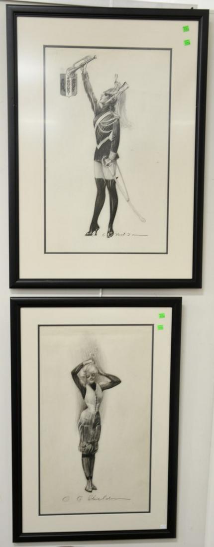 Charles Sheldon (1889-1960), charcoal on paper, set of: Charles Sheldon (1889-1960), charcoal on paper, set of three Fashion Illustration including a girl holding fencing sword, fixing her hair, and a woman holding a trumpet and sword, all three are signed