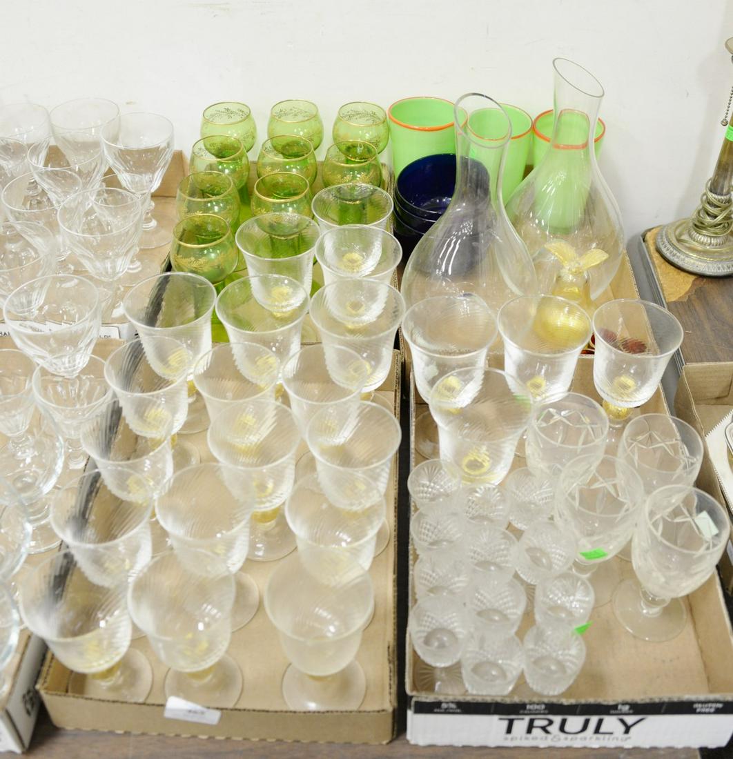 Four box lots of glass and crystal to include twenty: Four box lots of glass and crystal to include twenty two murano glasses, twelve cut glass stem cordials, four cranberry shots, nine green stems, etc.