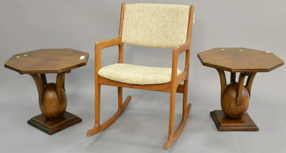 Three piece lot to include pair of Henredon mid century: Three piece lot to include pair of Henredon mid century stands with rocker signed Benny Linden. ht. 19 in., dia. 21 in.