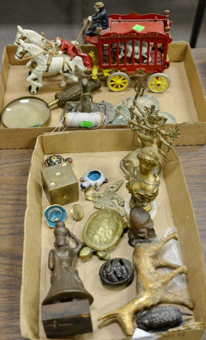 Elephant head string holder, iron double horse and: Elephant head string holder, iron double horse and circus wagon, brass turtle, brass dice, bronze oriental figure, archaic bust, etc.