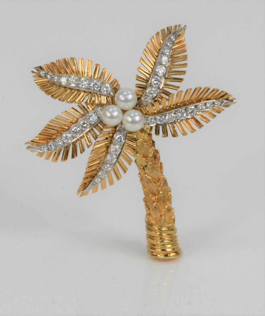 18 Karat Gold Palm Tree Brooch, set with three pearls (1 of 3)