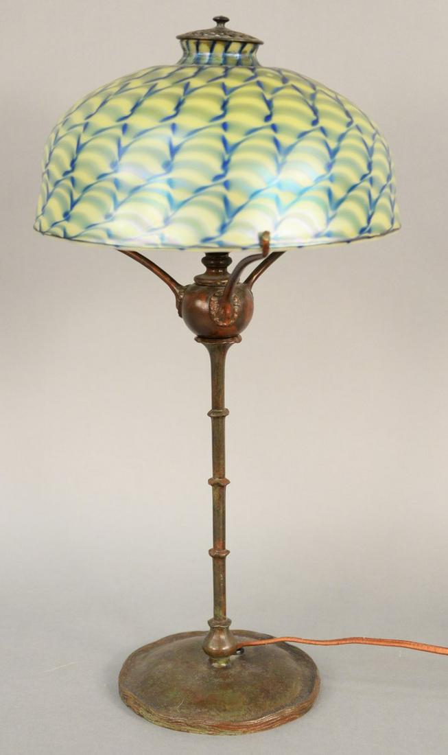 Art Glass Table Lamp, having blue/green favrile shade (1 of 5)