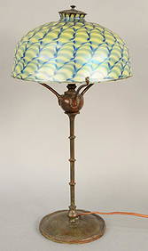 Art Glass Table Lamp, having blue/green favrile shade (1 of 5)
