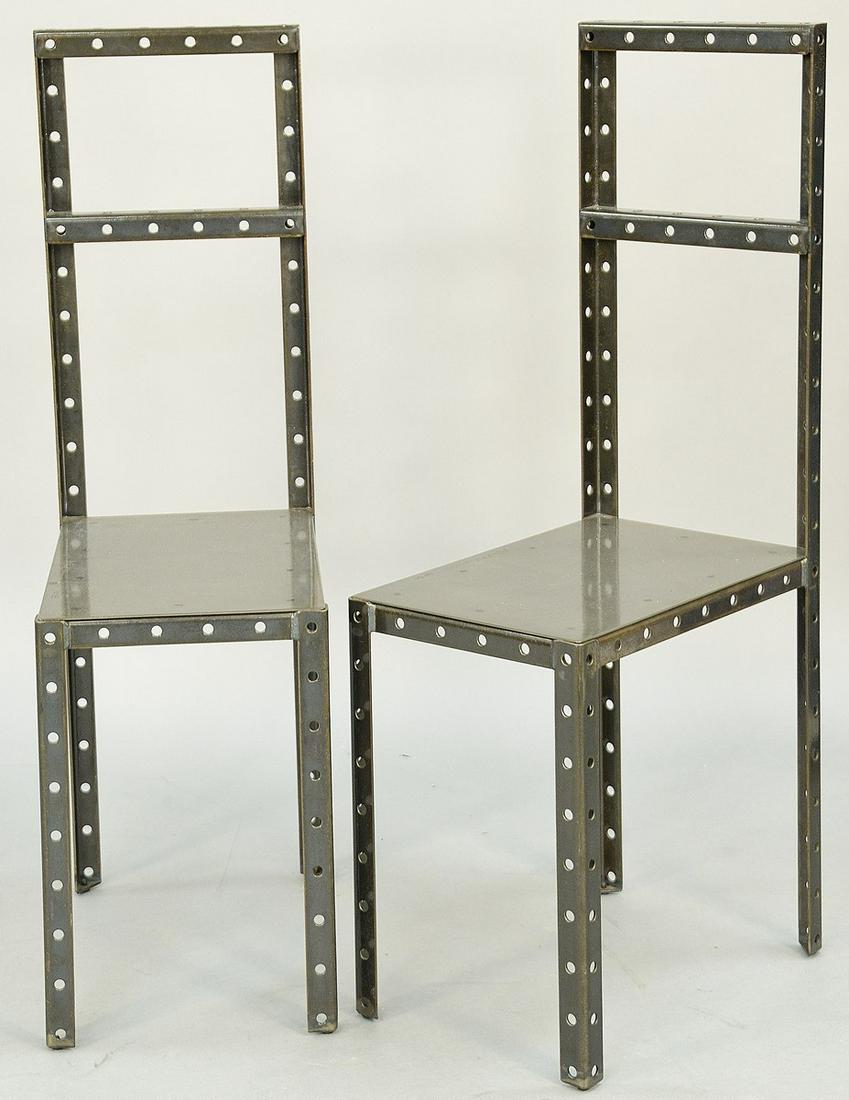 Robert Wilson (b. 1963), pair of Hamlet machine chairs,: Robert Wilson (b. 1963), pair of Hamlet machine chairs, 1987 perforated sheet steel, signed on seat number 33 and number 34, purchased from Watermill Center, height 38 1/2 inches, seat height 17 1/4 i