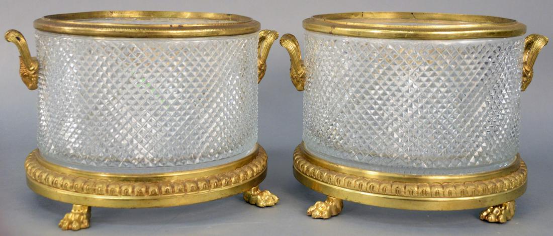 Pair of Crystal Round Urns, mounted with bronze rim and (1 of 4)