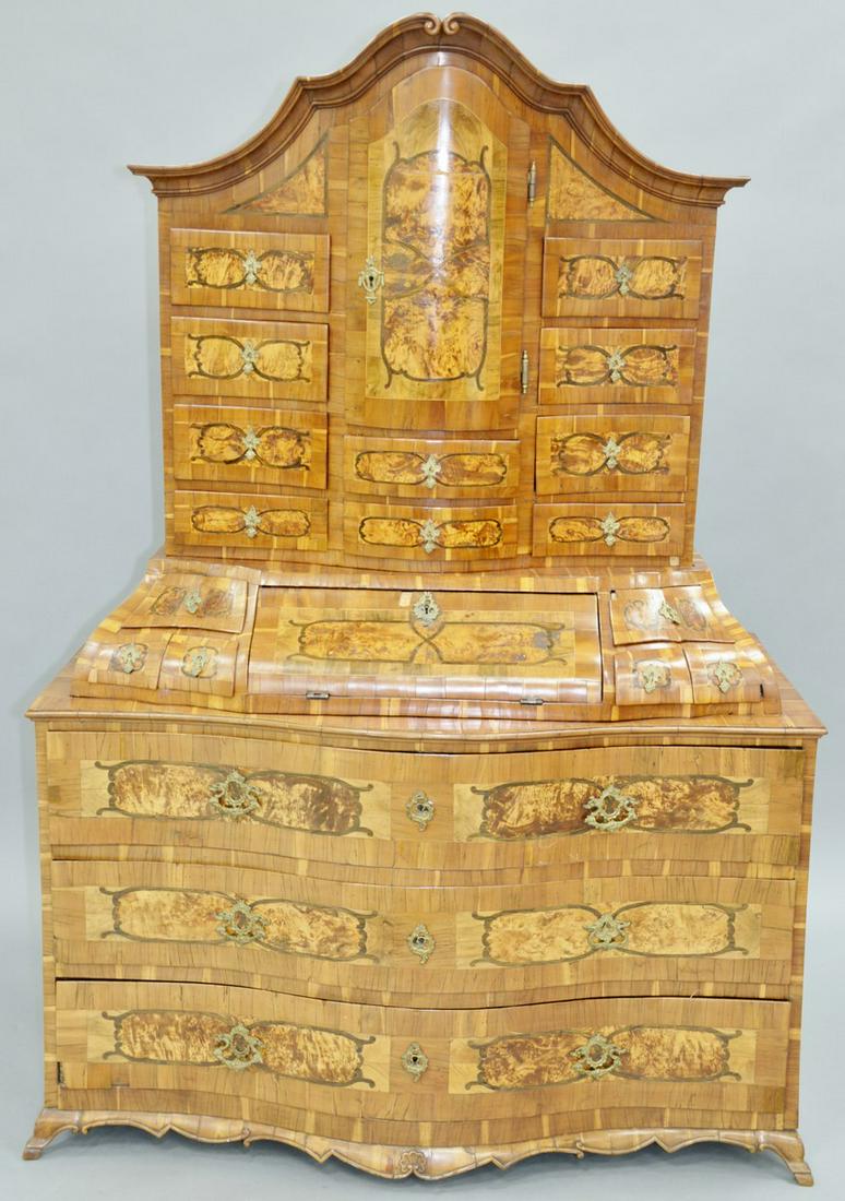 Rococo Fruitwood Walnut and Marquetry Inlaid Secretary: Rococo Fruitwood Walnut and Marquetry Inlaid Secretary Cabinet, in three parts, upper sections with doors and multiple drawers, lower section with three serpentine drawers on short legs, Austrian or G