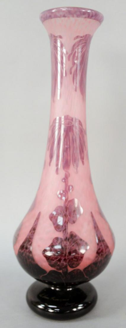 Large Charder La Verre Francais Art Glass Cameo Vase,: Large Charder La Verre Francais Art Glass Cameo Vase, with dark violet etched Dahlia design on pink mottled ground, schneider, signed Le Verre Francais France on foot. height 25 inches.