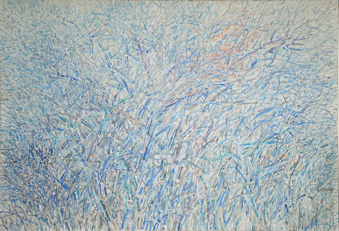 Gabor F. Peterdi (1915 - 2001), The Big Winter I 1960,: Gabor F. Peterdi (1915 - 2001), The Big Winter I 1960, acrylic on canvas, signed lower right Peterdi 60, signed again, titled and dated on reverse. 50" x 73".