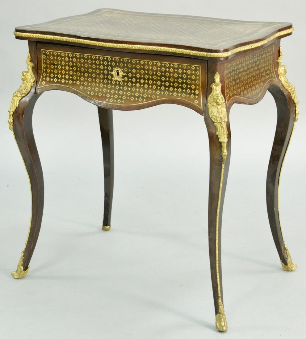 Louis XV Style Mahogany Vanity, ormolu mounted and: Louis XV Style Mahogany Vanity, ormolu mounted and brass inlaid with star and cross inlays lift top and one drawer. height 28 3/4 inches, width 25 inches, depth 18 1/4 inches.