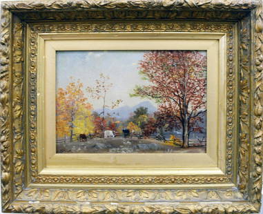 Nelson Augustus Moore (1824 - 1902), "October Day" farm: Nelson Augustus Moore (1824 - 1902), "October Day" farm landscape, oil on canvas, signed lower left NA Moore. 7" x 10".