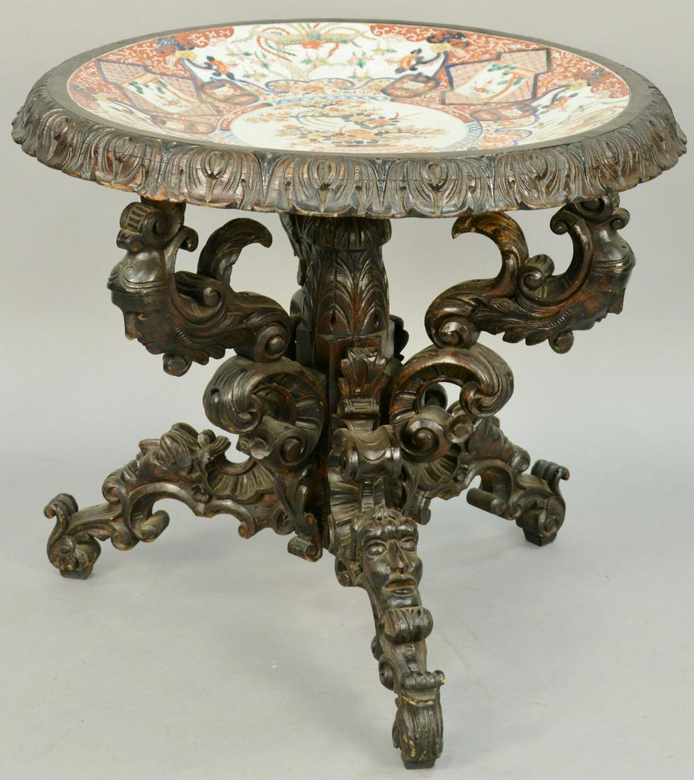 Carved Walnut Center Table, inset Imari porcelain (1 of 6)