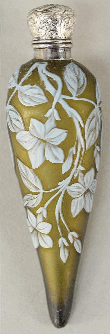 Thomas Webb Cameo Glass Perfume Bottle, olive green (1 of 2)