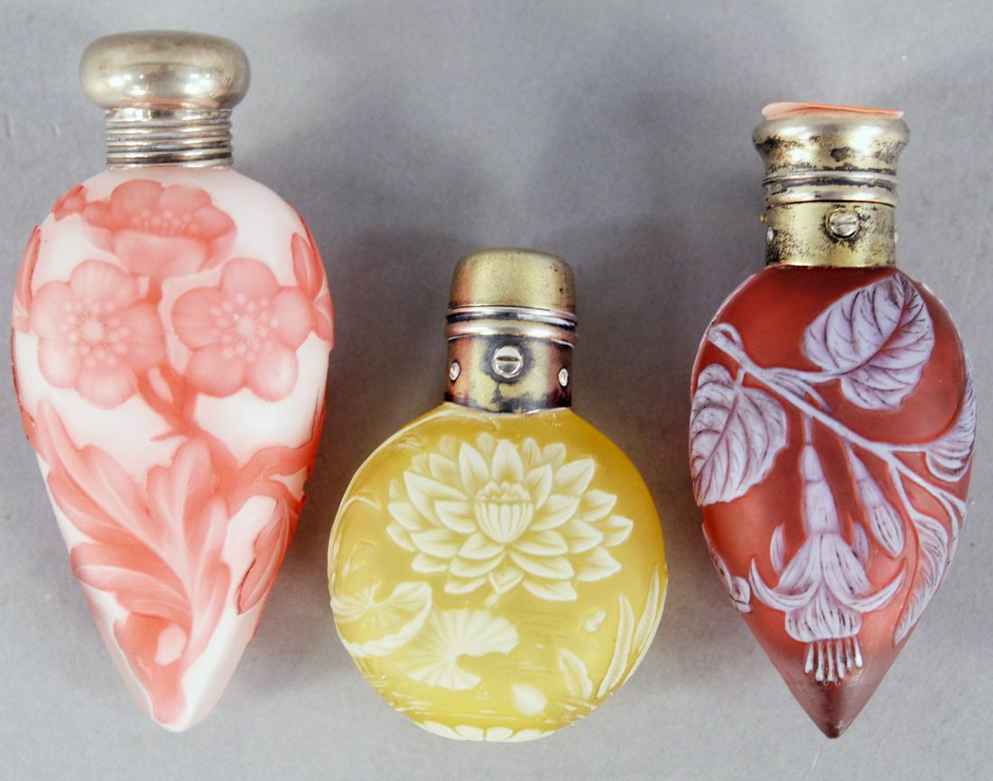 Three Webb Cameo Glass Perfume, pillow shaped, yellow (1 of 2)