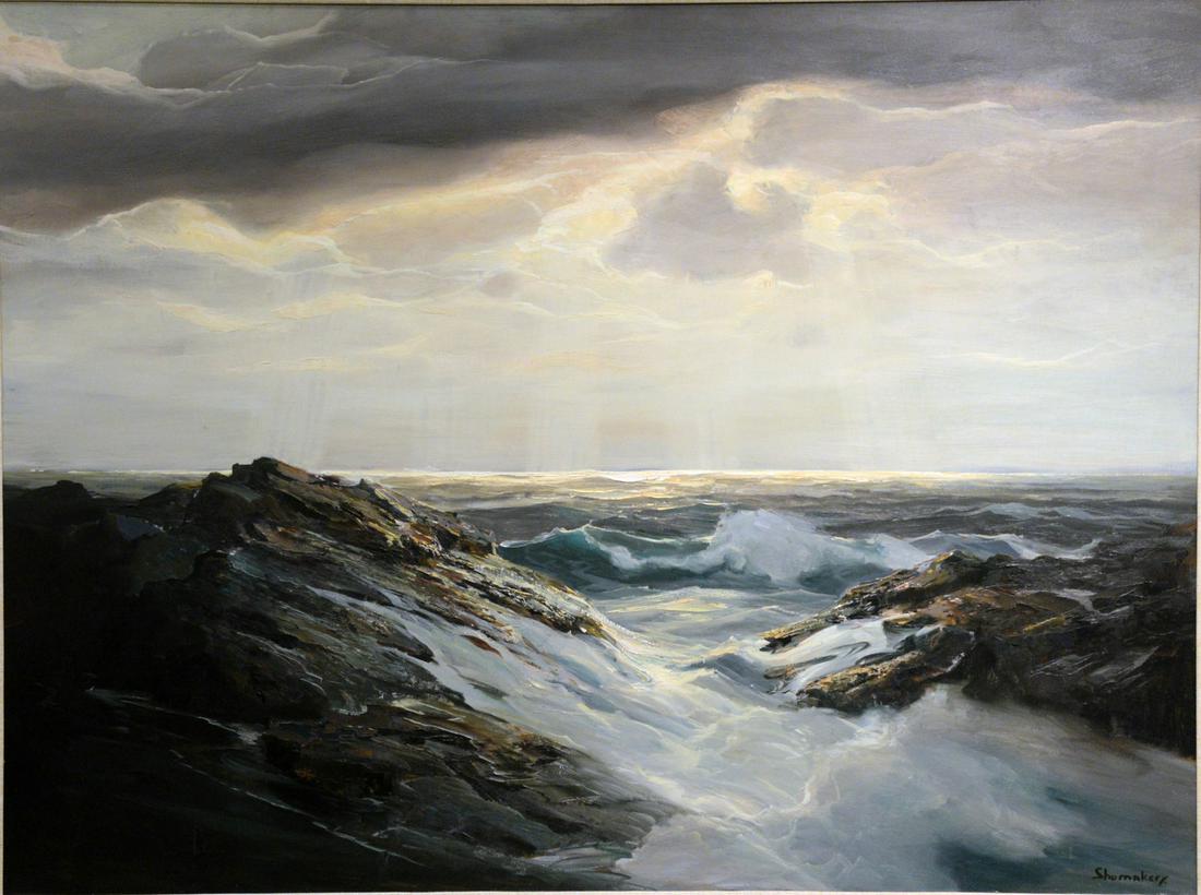 Philip Shumaker (1921 - 1967), raining off coast with: Philip Shumaker (1921 - 1967), raining off coast with crashing waves, oil on masonite,signed lower right Shumaker. 30" x 40".