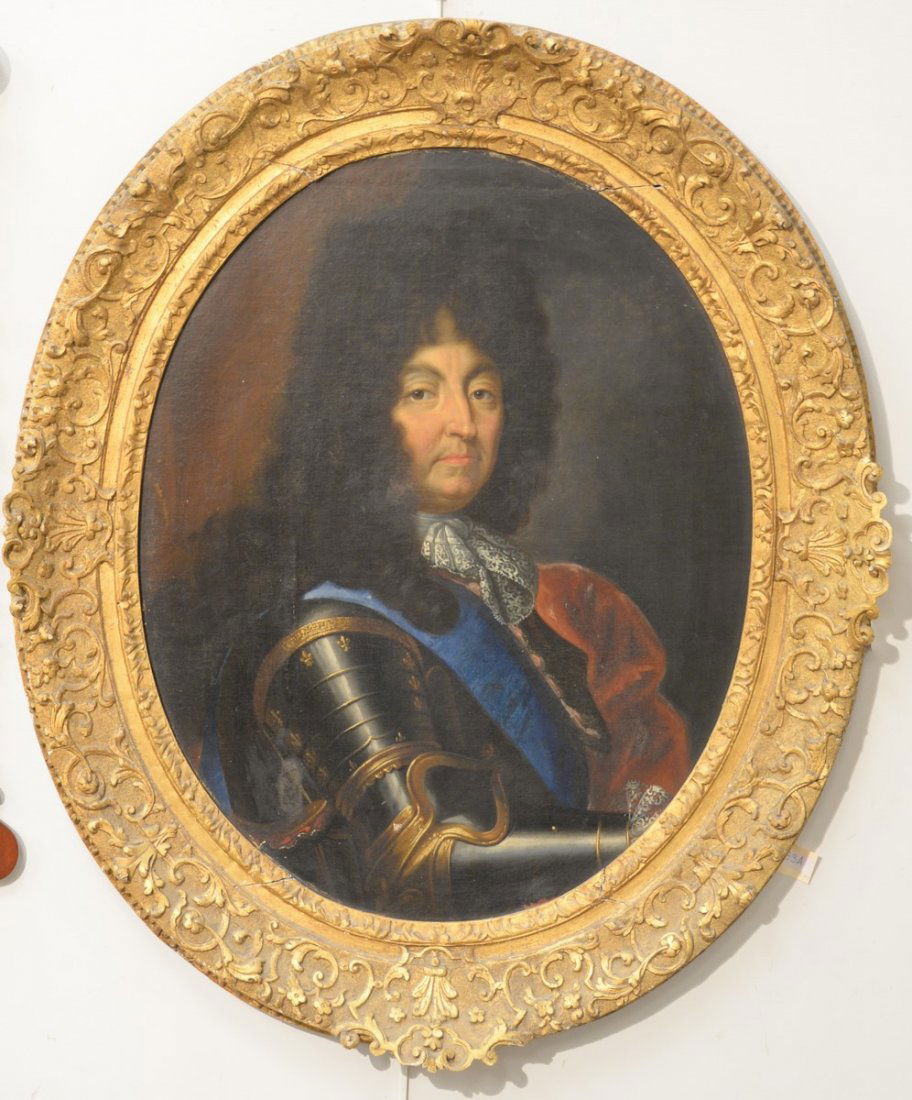 Attributed to Hyacinthe Rigaud (1659 - 1743), King Loui: Attributed to Hyacinthe Rigaud (1659 - 1743), King Louis XIV, oil on canvas, unsigned, Groussay Sale 1999 by Poulan Le Fer in cooperation with Sotheby's. 33" x 26".