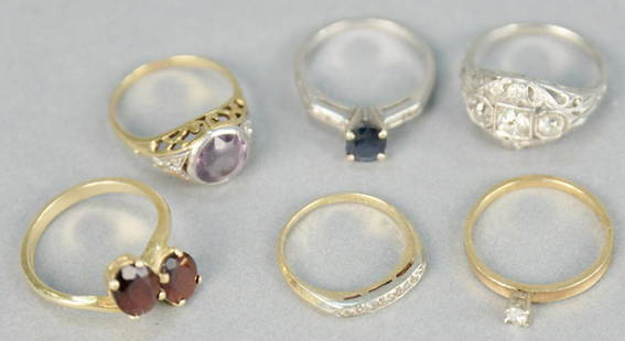 Six rings with stones, one platinum with diamonds, one: Six rings with stones, one platinum with diamonds, one platinum with blue stone. 3 being 14K gold, 15.8 total grams.