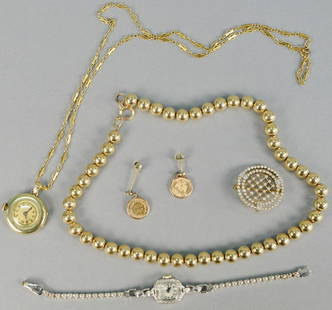 Gold lot, to include gold beads, two watches, one pin,: Gold lot, to include gold beads, two watches, one pin, one chain, pair of two Peso Mexican gold earrings. gross weight with watches 76.9 total grams.