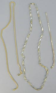 Three piece lot, to include 14K gold necklaces, one: Three piece lot, to include 14K gold necklaces, one with alternating white and yellow gold along with a small 14K bracelet. 60.8 total grams.