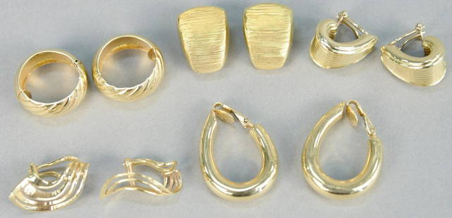 Five pairs of 14K gold earrings. 33.8 grams total: Five pairs of 14K gold earrings. 33.8 grams total weight.