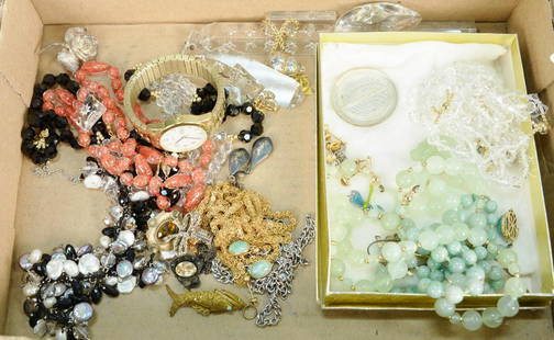 Two hardstone necklaces, one with gold clasp (side: Two hardstone necklaces, one with gold clasp (side disconnected), and tray lot to include miscellaneous jewelry.