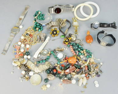 Group of costume jewelry, to include Chanel cufflinks,: Group of costume jewelry, to include Chanel cufflinks, Malachite beads, Agate beads, Juvenia stainless watch, Seiko women's wrist watch, Benrus watches, Quartz watch, vintage Skagen watch, etc.