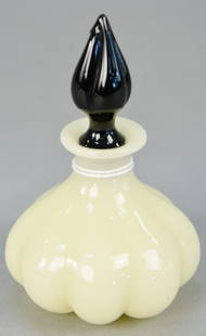 Steuben ivory glass perfume bottle, having black jade: Steuben ivory glass perfume bottle, having black jade stopper (stopper as is). ht. 4 1/2 in.