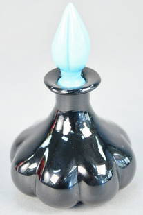 Steuben black Jade glass perfume bottle, with blue jade: Steuben black Jade glass perfume bottle, with blue jade stoppers. ht. 4 1/2 in.