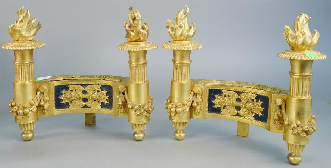 Pair of French bronze dore chenets having flaming torch (1 of 4)