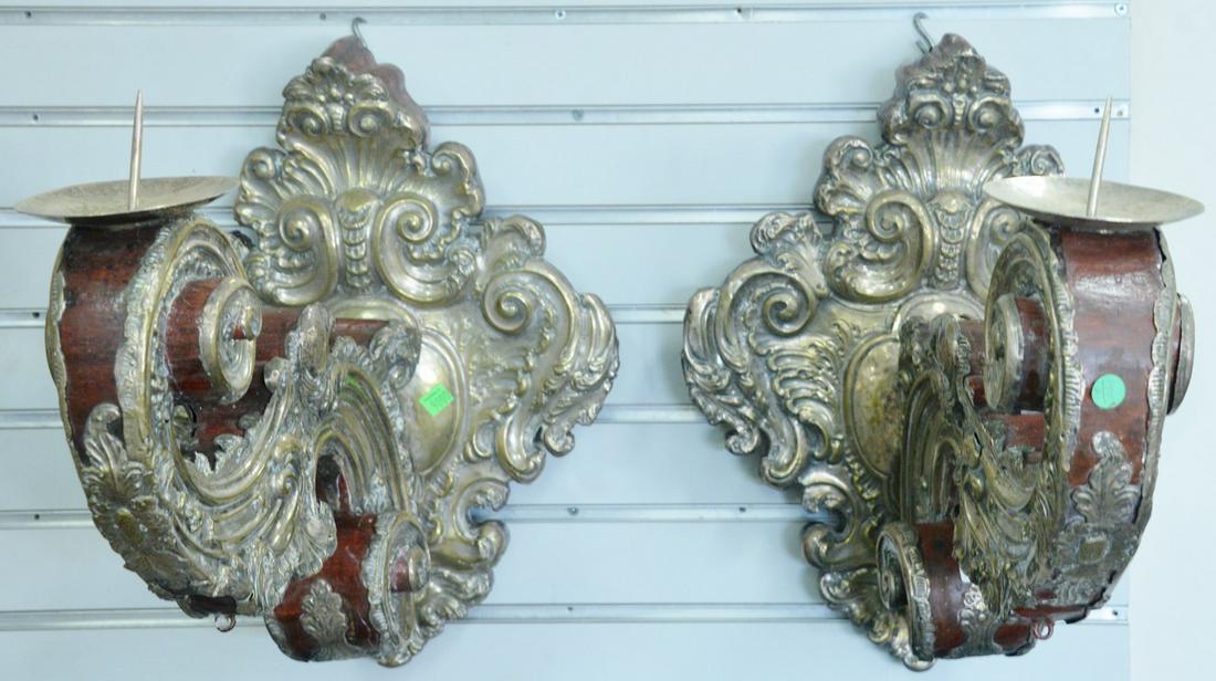 Pair of large candle sconces, having embossed silver (1 of 3)