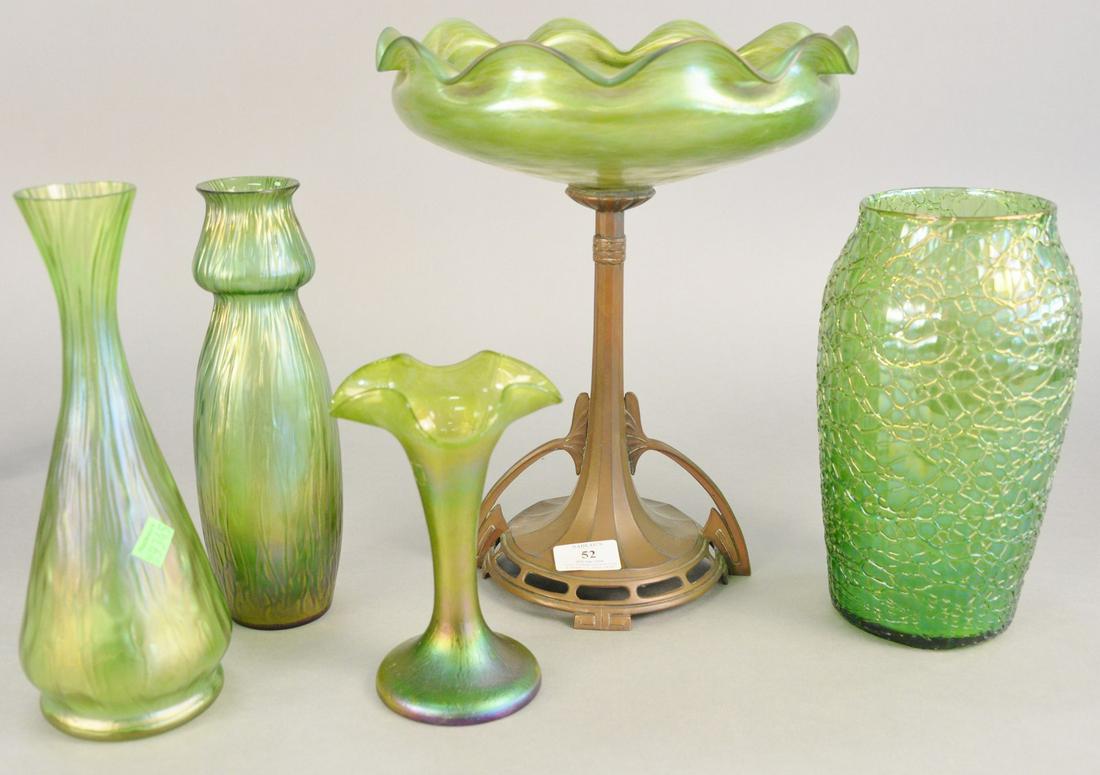 Five Loetz, Kralik art glass pieces, green iridescent v (1 of 4)