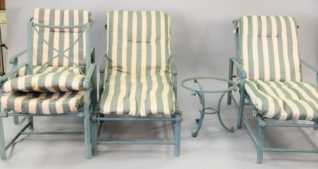 Brown Jordan five piece lot, two chaises two: Brown Jordan five piece lot, two chaises two armchairs and small table. lg. of chaise 74 in.