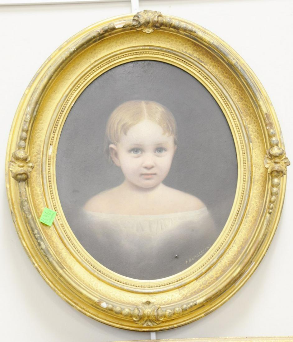 Peter Baumgras (1827-1903), oil on board, portrait of: Peter Baumgras (1827-1903), oil on board, portrait of young child, Lillee and James Corden daughter, signed lower right "P. Baumgras 1869". sight size 12" x 10".