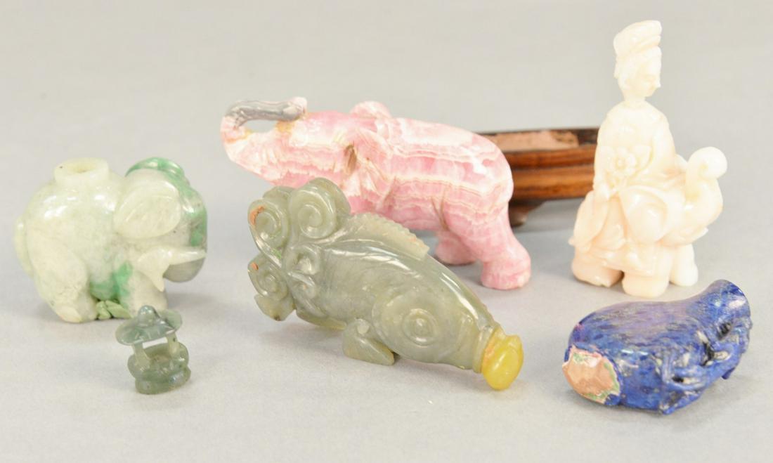Group of five Chinese snuff bottles and figures, to: Group of five Chinese snuff bottles and figures, to include jadeite elephant snuff bottle, greyish green jade fish snuff bottle, hardstone elephant, lapis lazuli snuff bottle with molded Foo lion, pin