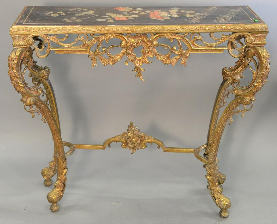 Brass hall table having top made of Chinese screen, ht. (1 of 4)