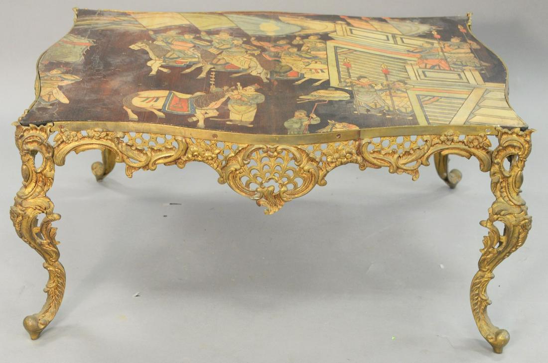Louis XV style brass table, having Chinese panel top. (1 of 4)