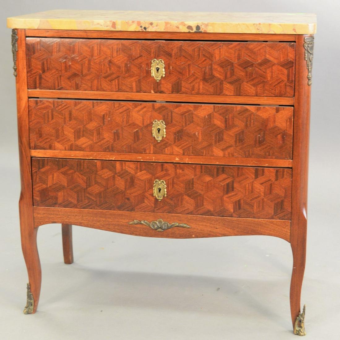 Louis XV style commode, with parquetry drawer fronts: Louis XV style commode, with parquetry drawer fronts and having marble top, ht. 30 1/2 in., top 15 x 29 1/2 in.