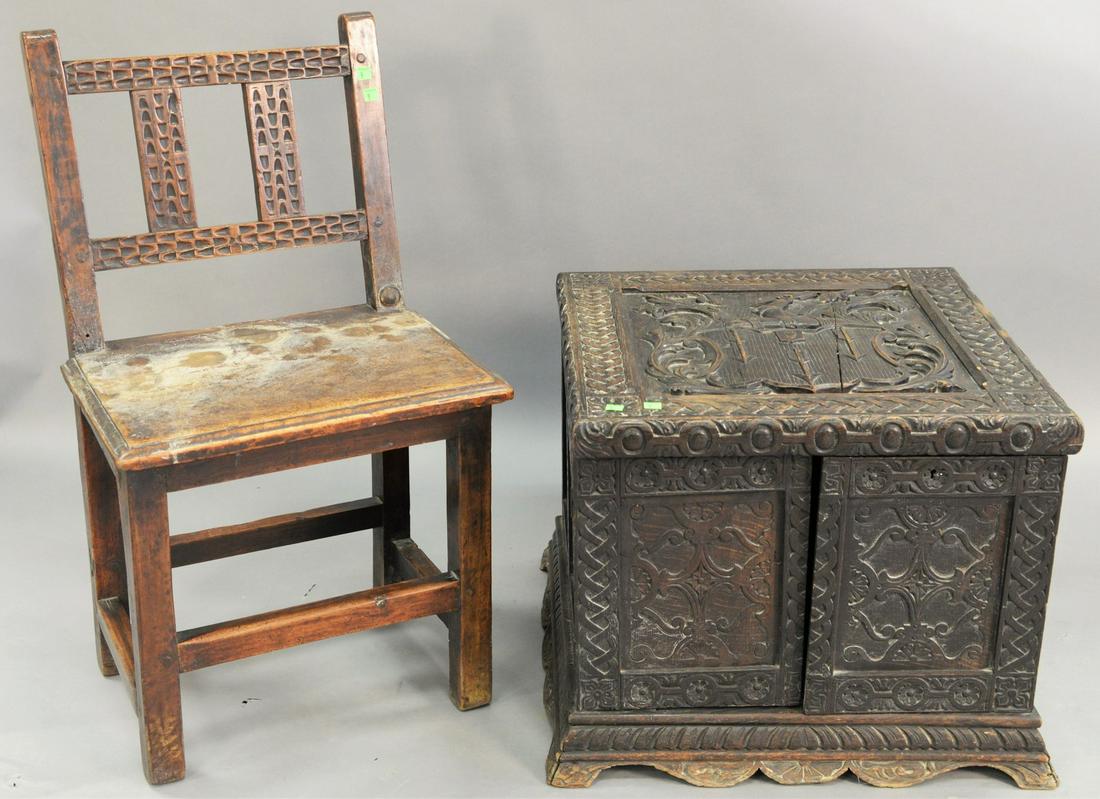 Two piece lot, to include carved lift top chest with (1 of 3)