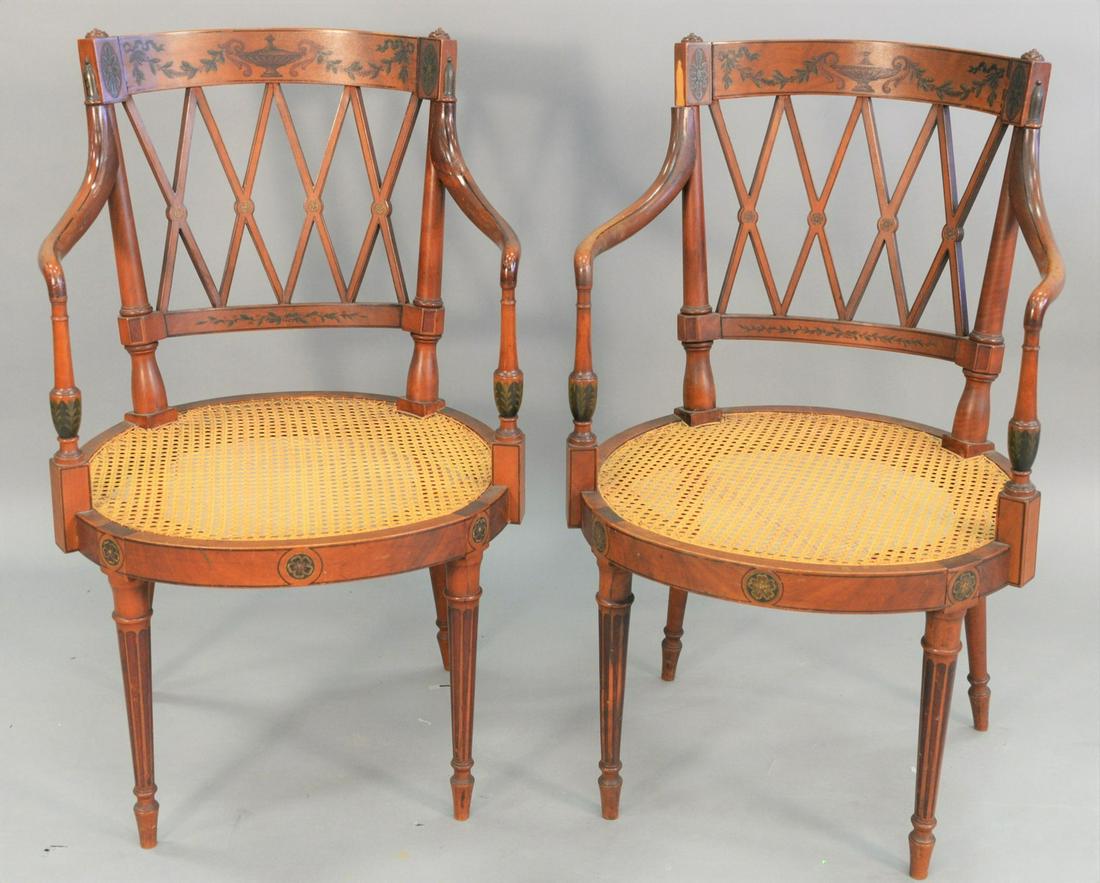 Pair of English painted and caned open armchairs, early (1 of 4)