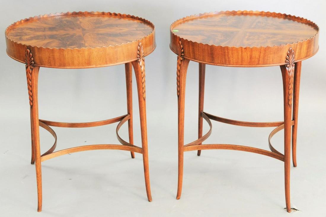 Pair of mahogany round tables, with scalloped gallery: Pair of mahogany round tables, with scalloped gallery tops, ht. 28 in., top 24 in., dia. 24 in.