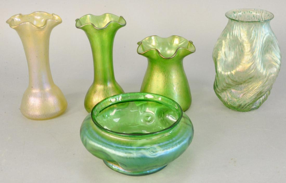 Group of five Art Glass vases, pinch form vase (with (1 of 3)