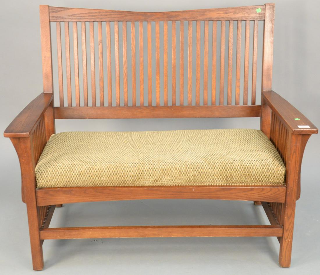 Mission oak spindle back loveseat. ht. 42 1/2 in., wd.: Mission oak spindle back loveseat. ht. 42 1/2 in., wd. 50 1/2 in.