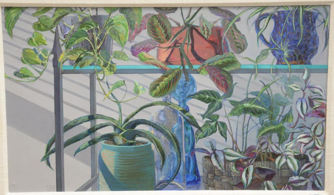 Levi, oil on canvas, still life of plants on a shelf: Levi, oil on canvas, still life of plants on a shelf with bottles signed lower left Levi. 16" x 27 1/2". Provenance: The Estate of Ed Brenner, Short Hills N.J.