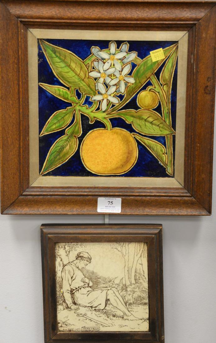 Three framed tile plaques, Demetrius, Josiah Wedgwood: Three framed tile plaques, Demetrius, Josiah Wedgwood and Sons Etruria (6" x 6") and a pair of plaques painted with leaves and lemons. Provenance: The Estate of Ed Brenner, Short Hills N.J.