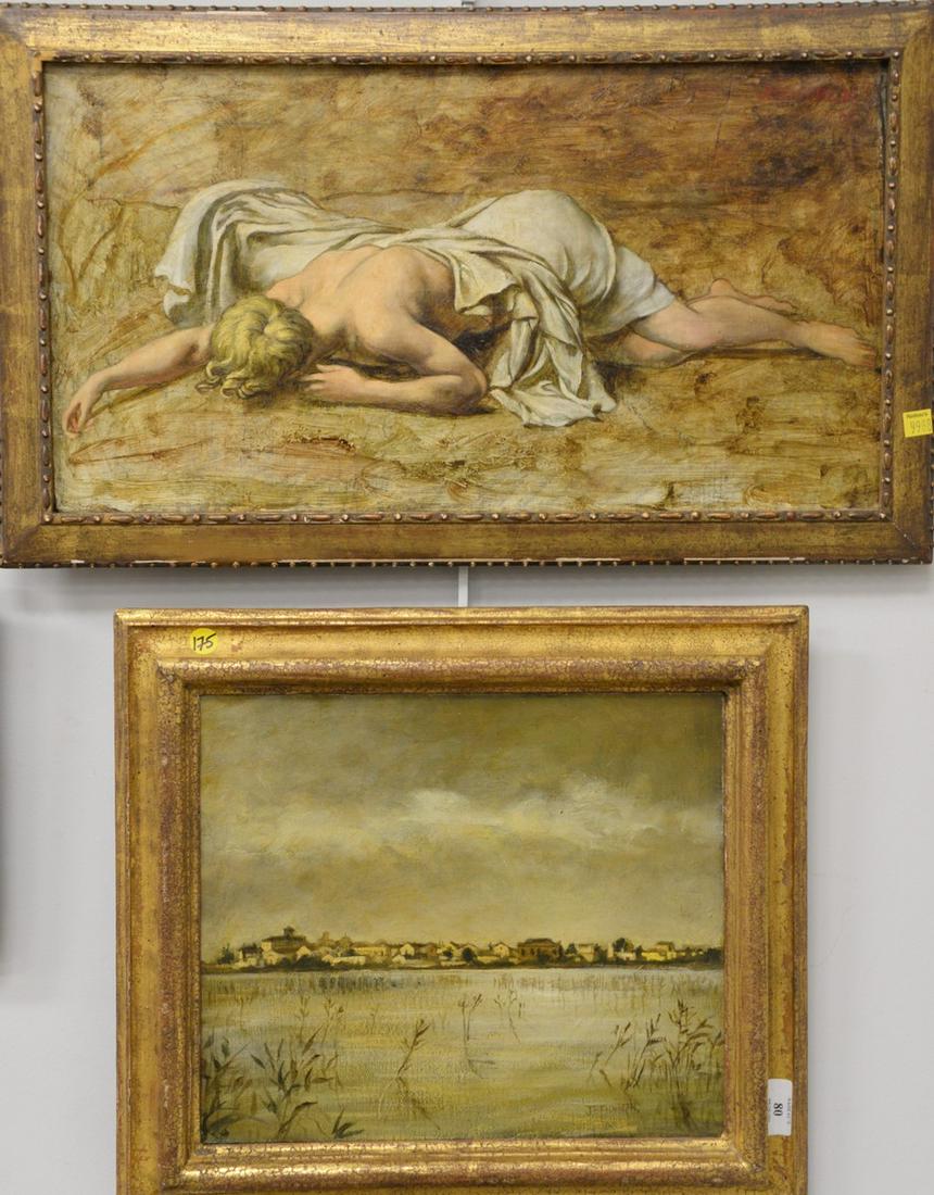 Two piece lot to include Jason B. Fishbein (B1937), oil: Two piece lot to include Jason B. Fishbein (B1937), oil on canvas, Marsh Shore landscape with houses, signed lower right LB Fishbein, partially nude woman, signed top right J.B. Fishbein 68. Marsh sho