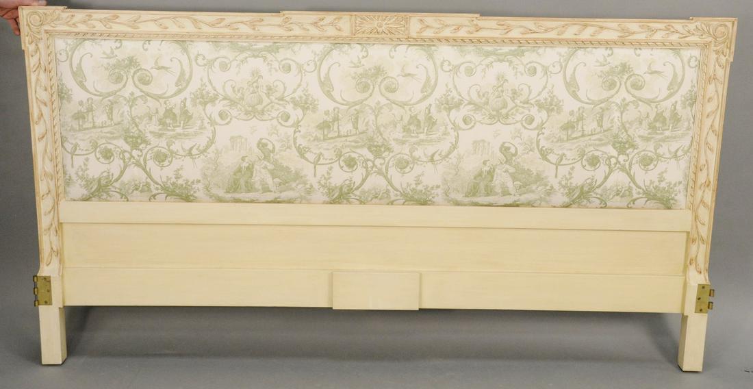 King size headboard with custom upholstery insert along: King size headboard with custom upholstery insert along with king size comforter with bedskirt. ht. 42 in., wd. 78 in. Provenance: Estate of William and Teresa Patton, Lake Ave Greenwich, CT