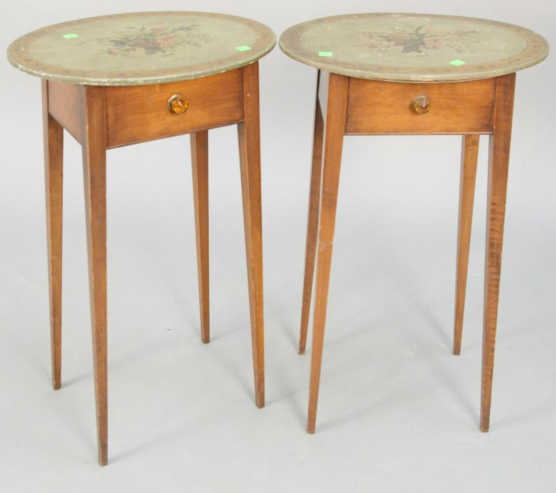 Pair of contemporary oval stands with paint decorated: Pair of contemporary oval stands with paint decorated lift tops. ht. 27 in., top: 13" x 17". Provenance: Former home of Mel Gibson, Old Mill Rd, Greenwich, CT