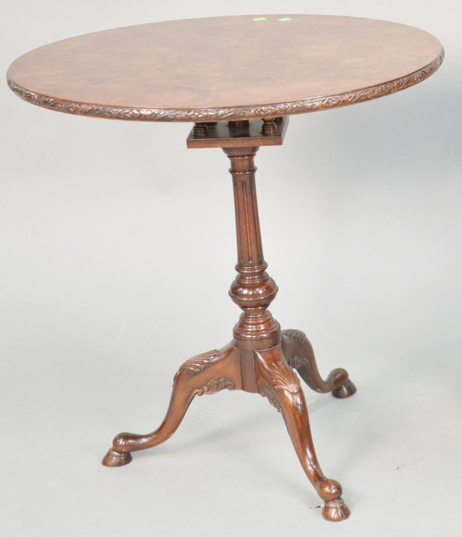 Mahogany birdcage table having burl top. ht. 28 in.,: Mahogany birdcage table having burl top. ht. 28 in., dia. 26 in. Provenance: Estate of William and Teresa Patton, Lake Ave Greenwich, CT